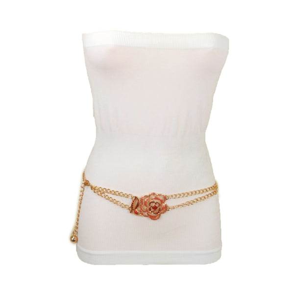 Brand New Women Gold Metal Chain Belt Hip High Waist Red Flower Charm S M