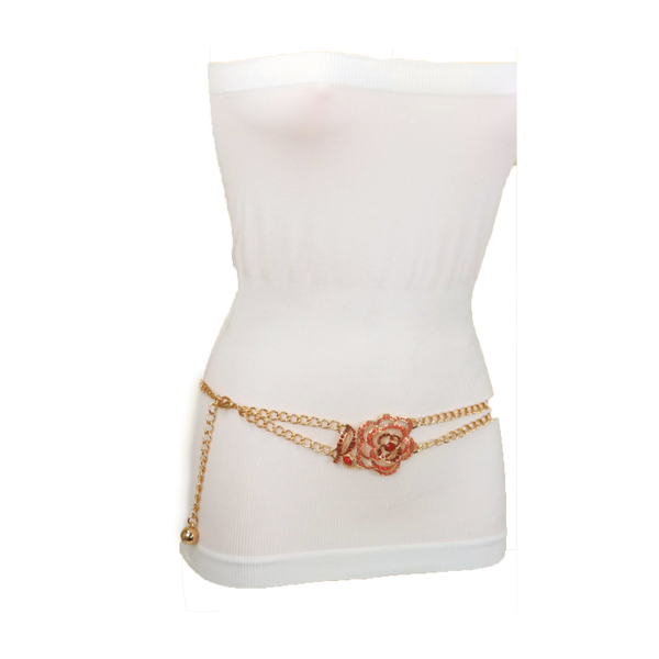 Brand New Women Gold Metal Chain Belt Hip High Waist Red Flower Charm S M