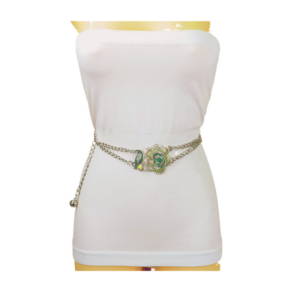 Brand New Women Silver Metal Chain F Belt Hip Waist Green Flower Charm XS S M