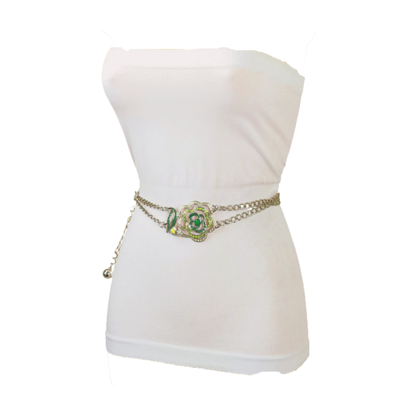 Brand New Women Silver Metal Chain F Belt Hip Waist Green Flower Charm XS S M
