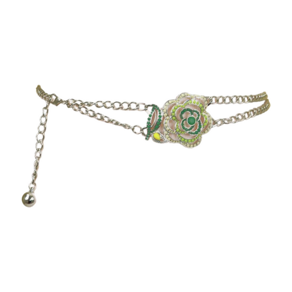Brand New Women Silver Metal Chain F Belt Hip Waist Green Flower Charm XS S M