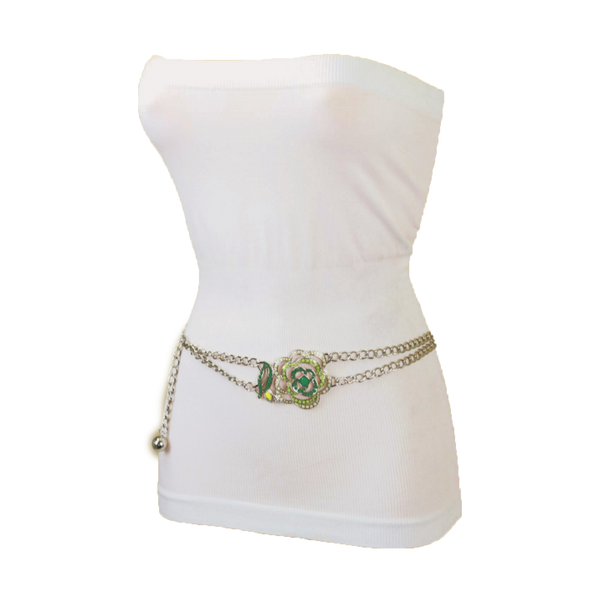 Brand New Women Silver Metal Chain F Belt Hip Waist Green Flower Charm XS S M