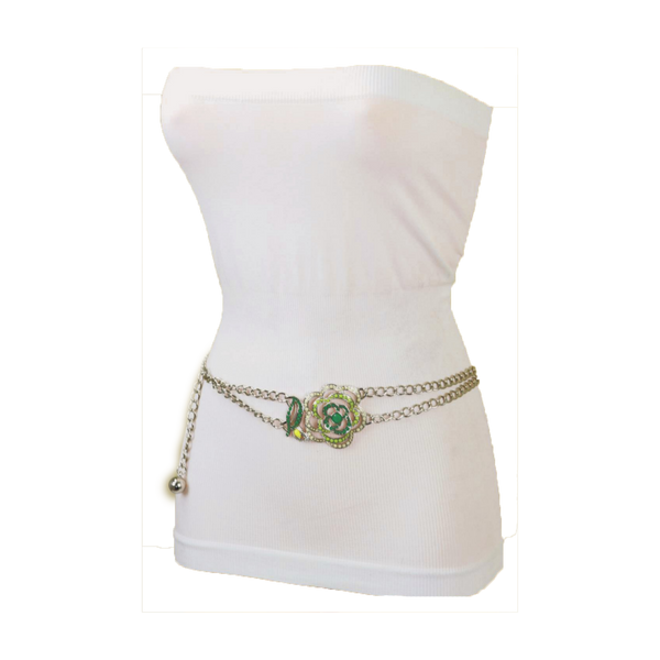 Brand New Women Silver Metal Chain F Belt Hip Waist Green Flower Charm XS S M
