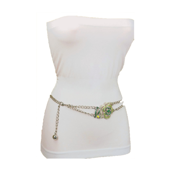 Brand New Women Silver Metal Chain F Belt Hip Waist Green Flower Charm XS S M