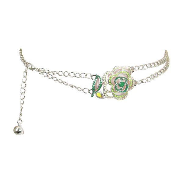 Brand New Women Silver Metal Chain F Belt Hip Waist Green Flower Charm XS S M