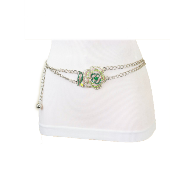Brand New Women Silver Metal Chain F Belt Hip Waist Green Flower Charm XS S M