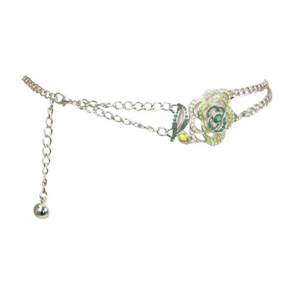 Brand New Women Silver Metal Chain F Belt Hip Waist Green Flower Charm XS S M