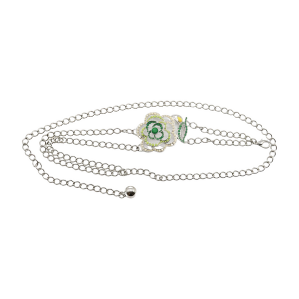 Brand New Women Silver Metal Chain F Belt Hip Waist Green Flower Charm XS S M