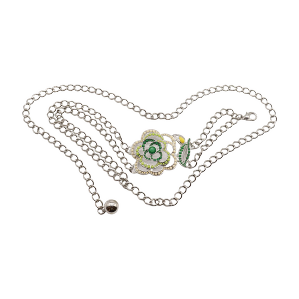 Brand New Women Silver Metal Chain F Belt Hip Waist Green Flower Charm XS S M
