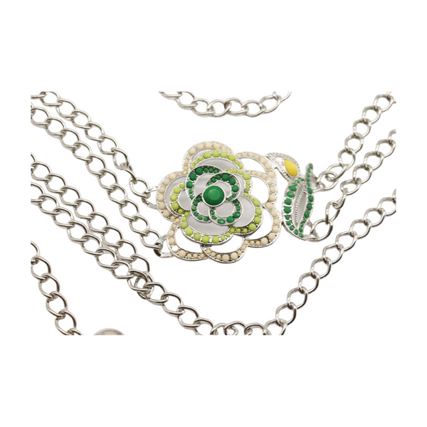 Brand New Women Silver Metal Chain F Belt Hip Waist Green Flower Charm XS S M