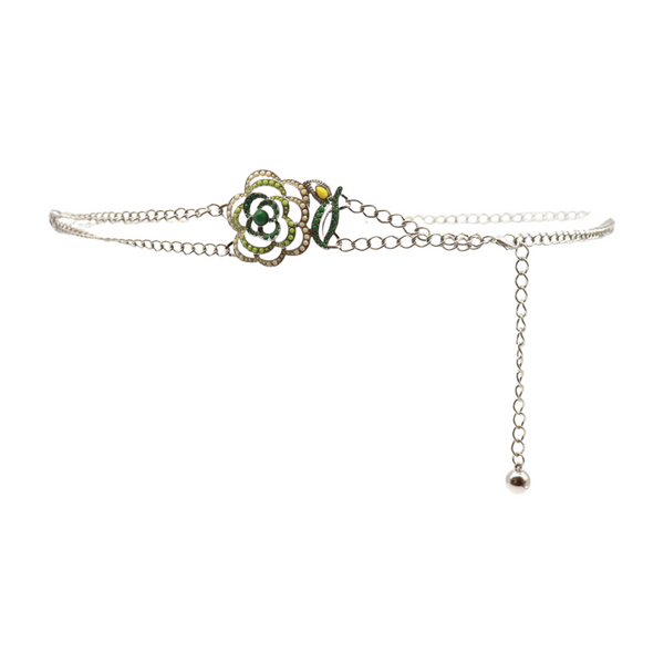 Brand New Women Silver Metal Chain F Belt Hip Waist Green Flower Charm XS S M