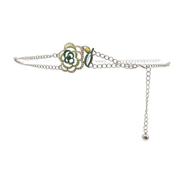 Brand New Women Silver Metal Chain F Belt Hip Waist Green Flower Charm XS S M