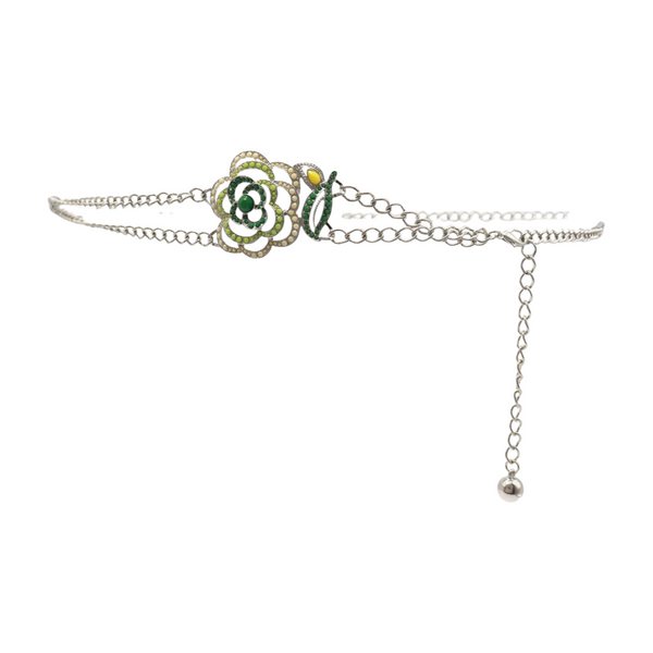 Brand New Women Silver Metal Chain F Belt Hip Waist Green Flower Charm XS S M
