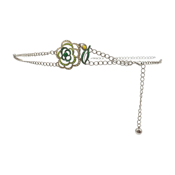 Brand New Women Silver Metal Chain F Belt Hip Waist Green Flower Charm XS S M