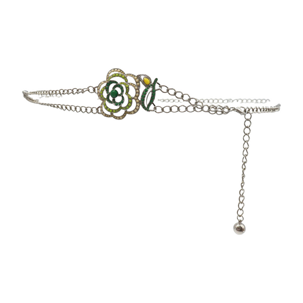 Brand New Women Silver Metal Chain F Belt Hip Waist Green Flower Charm XS S M
