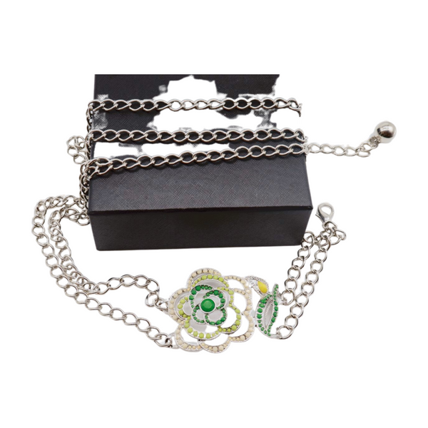 Brand New Women Silver Metal Chain F Belt Hip Waist Green Flower Charm XS S M