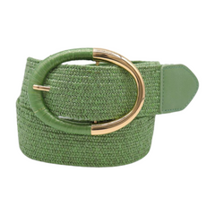 Women Green Braided Elastic Fashion Belt Gold Metal Oval Buckle Size S M L