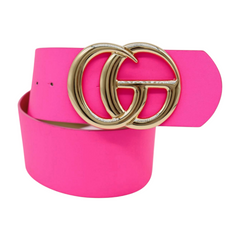 Women Bright Pink Wide Faux Leather Belt Gold Metal Circle Buckle Size S M