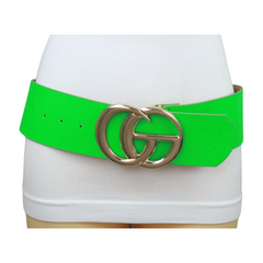 Women Bright Green Neon Wide Faux Leather Belt Gold Metal Circle Buckle S M