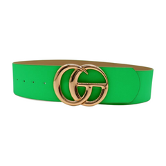 Women Bright Green Neon Wide Faux Leather Belt Gold Metal Circle Buckle S M