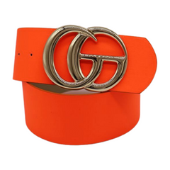 Women Neon Orange Wide Faux Leather Fashion Belt Gold Metal Circle Buckle S M