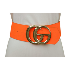 Women Neon Orange Wide Faux Leather Fashion Belt Gold Metal Circle Buckle S M