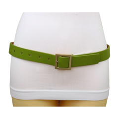 Women Green Faux Leather Skinny Belt Gold Square Buckle Adjustable Size S M