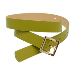 Women Green Faux Leather Skinny Belt Gold Square Buckle Adjustable Size S M