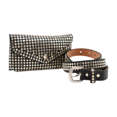 Women Black Faux Leather Skinny Belt + Wallet Clutch Bag Silver Studs Size S M