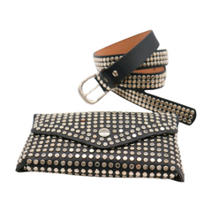 Women Black Faux Leather Skinny Belt + Wallet Clutch Bag Silver Studs Size S M