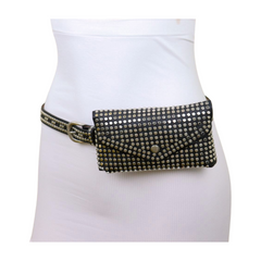Women Black Faux Leather Skinny Belt + Wallet Clutch Bag Silver Studs Size S M
