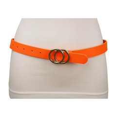 Women Neon Orange Faux Leather Skinny Fashion Belt Gold Metal Circles Buckle S M