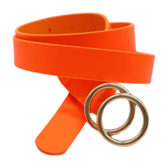 Women Neon Orange Faux Leather Skinny Fashion Belt Gold Metal Circles Buckle S M