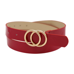 Women Red Faux Patent Leather Skinny Fashion Belt Gold Metal Circles Buckle S M