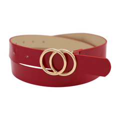 Women Red Faux Patent Leather Skinny Fashion Belt Gold Metal Circles Buckle S M