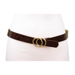 Women Chocolate Brown Faux Leather Skinny Belt Gold Metal Circles Buckle Fit Size M L