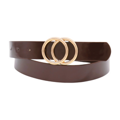 Women Chocolate Brown Faux Leather Skinny Belt Gold Metal Circles Buckle Fit Size M L