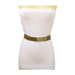 New Women Brown Taupe Elastic Skinny Fashion Belt Gold Metal Beehive S M