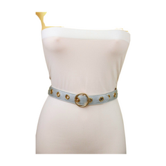 Women Silver Faux Leather Band Holes Fashion Belt Hip Waist Gold Buckle Size XS S M