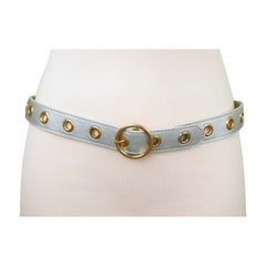 Women Silver Faux Leather Band Holes Fashion Belt Hip Waist Gold Buckle Size XS S M