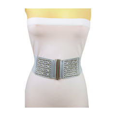 Women Silver Fashion Elastic Waistband Belt Bling Metal Studs Hip High Waist S M