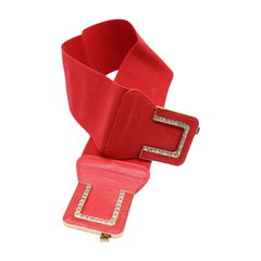 Women Elastic Wide Coral Red Color High Waist Hip Belt Gold Square Buckle S M