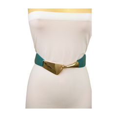 Women Teal Mint Blue Elastic Waistband Fashion Belt Gold Metal Hook Buckle S M