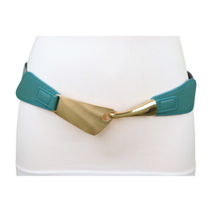 Women Teal Mint Blue Elastic Waistband Fashion Belt Gold Metal Hook Buckle S M