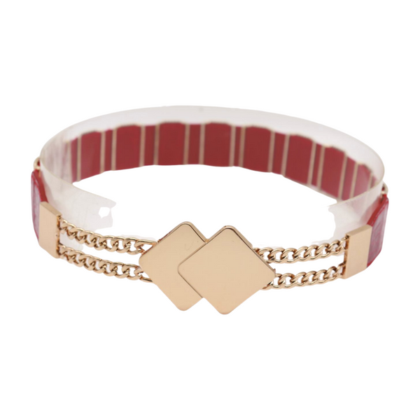 Brand New Women Gold Metal Squares Buckle Fashion Red Elastic Band Belt S M