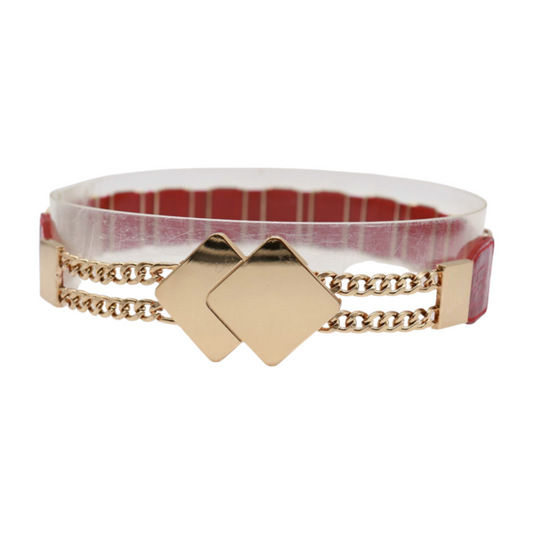 Brand New Women Gold Metal Squares Buckle Fashion Red Elastic Band Belt S M