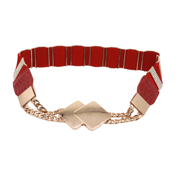 Brand New Women Gold Metal Squares Buckle Fashion Red Elastic Band Belt S M