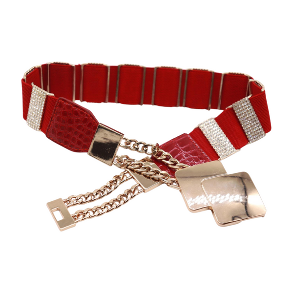 Brand New Women Gold Metal Squares Buckle Fashion Red Elastic Band Belt S M