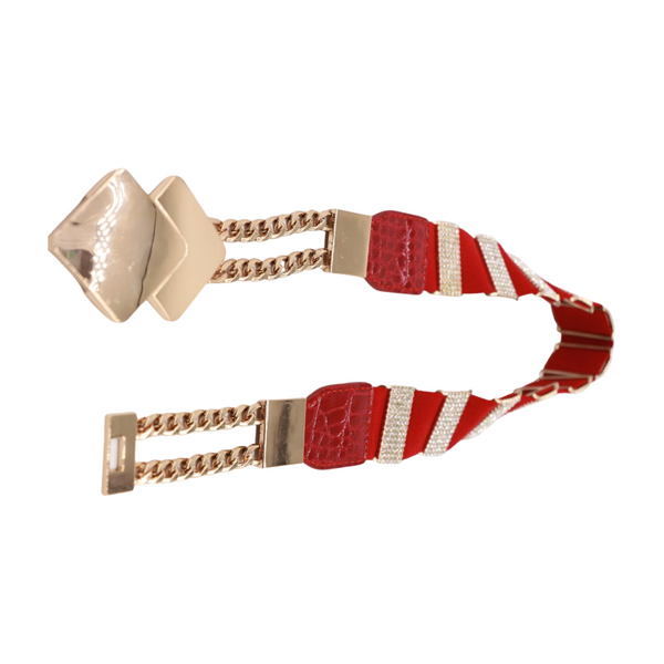 Brand New Women Gold Metal Squares Buckle Fashion Red Elastic Band Belt S M