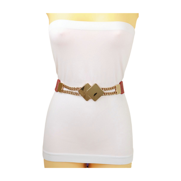 Brand New Women Gold Metal Squares Buckle Fashion Red Elastic Band Belt S M
